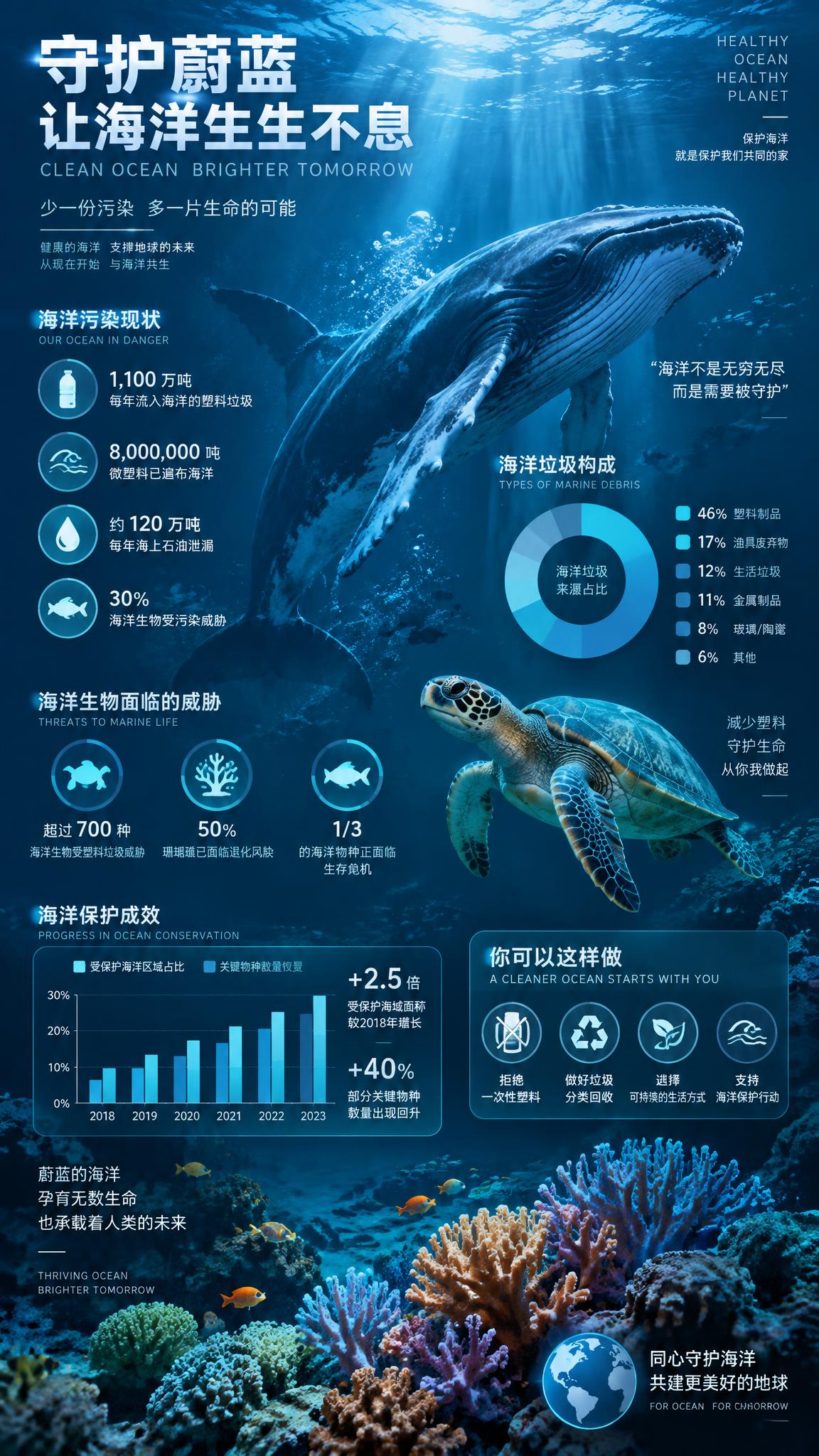 海洋保护信息可视化设计竖版海报，以深蓝色海洋为背景，包含海洋生… - 图片创意预览