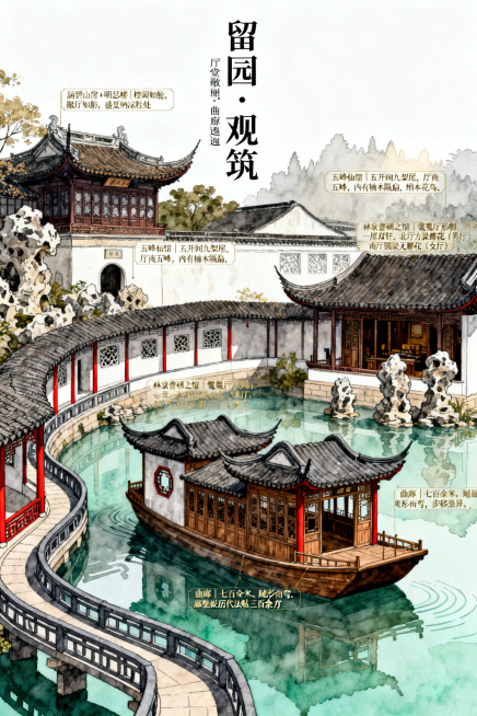 新中式平面设计海报，主题“留园·观筑”——苏州留园核心建筑群艺术展板，淡雅水墨与淡彩结合，建筑局部精细描绘，带有手绘线稿与淡彩渲染的混合质感。画面采用竖版构图，画面中央偏下位置，涵碧山房与明瑟楼组合成预览效果