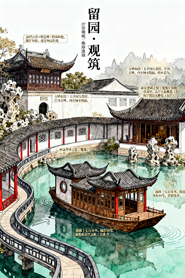 新中式平面设计海报，主题“留园·观筑”——苏州留园核心建筑群艺术展板，淡雅水墨与淡彩结合，建筑局部精细描绘，带有手绘线稿与淡彩渲染的混合质感。画面采用竖版构图，画面中央偏下位置，涵碧山房与明瑟楼组合成“画舫”形态，临水而建，飞檐翘角；画面右侧前方是五峰仙馆，楠木厅堂内部结构隐约可见，厅前立有五座太湖石峰；画面左侧后方是林泉耆硕之馆，以冠云峰为背景，呈现鸳鸯厅的双屋顶和华丽梁架。一条蜿蜒的曲廊从左下角开始，绕过涵碧山房，穿过中部，连接三组建筑，廊壁上有漏窗和书条石。曲廊的线条用深灰色勾勒，并在关键转折处点缀红色柱子和挂落。水面倒影用淡青色渲染，天空留白。文字信息：画面上方留白处用竖排宋体书写大标题“留园·观筑”，下方小字“厅堂敞丽，曲廊逶迤”。在涵碧山房附近标注文字框：“涵碧山房+明瑟楼|楼阁如舱，敞厅如舫，盛夏纳凉胜处。 在五峰仙馆旁标注：“五峰仙馆｜五开间九架屋，厅南五峰，内有楠木隔扇，绢本花鸟。 在林泉耆硕之馆旁标注：“林泉耆硕之馆｜鸳鸯厅形制，一屋双轩。北厅方梁雕花（男厅），南厅圆梁无雕花（女厅）。北对冠云峰，额题‘奇石寿太古’。” 曲廊末端标注：“曲廊｜七百余米，随形而弯，步移景异。廊壁嵌历代法帖三百余方。”色彩：主色为灰褐色（木结构）、青绿色（水与植物）、米白（墙体与留白），点缀朱红（柱子、挂落）、淡金色（梁架雕花）。整体饱和度偏低，营造古籍插画感。光影：柔和的侧逆光，突出建筑轮廓和屋檐阴影。水面有淡淡的涟漪和建筑倒影。构图：采用“散点透视”手法，将三组建筑并置在同一画面，通过曲廊的S形曲线串联。近景为曲廊栏杆和漏窗，中景为建筑主体，远景为留园西部山林虚影。