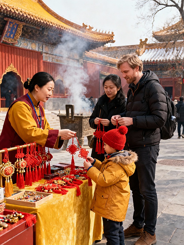 一个中国母亲 一个外国父亲和一个小孩春节在北京旅游画面，10张景点游玩，几张有导游的图
