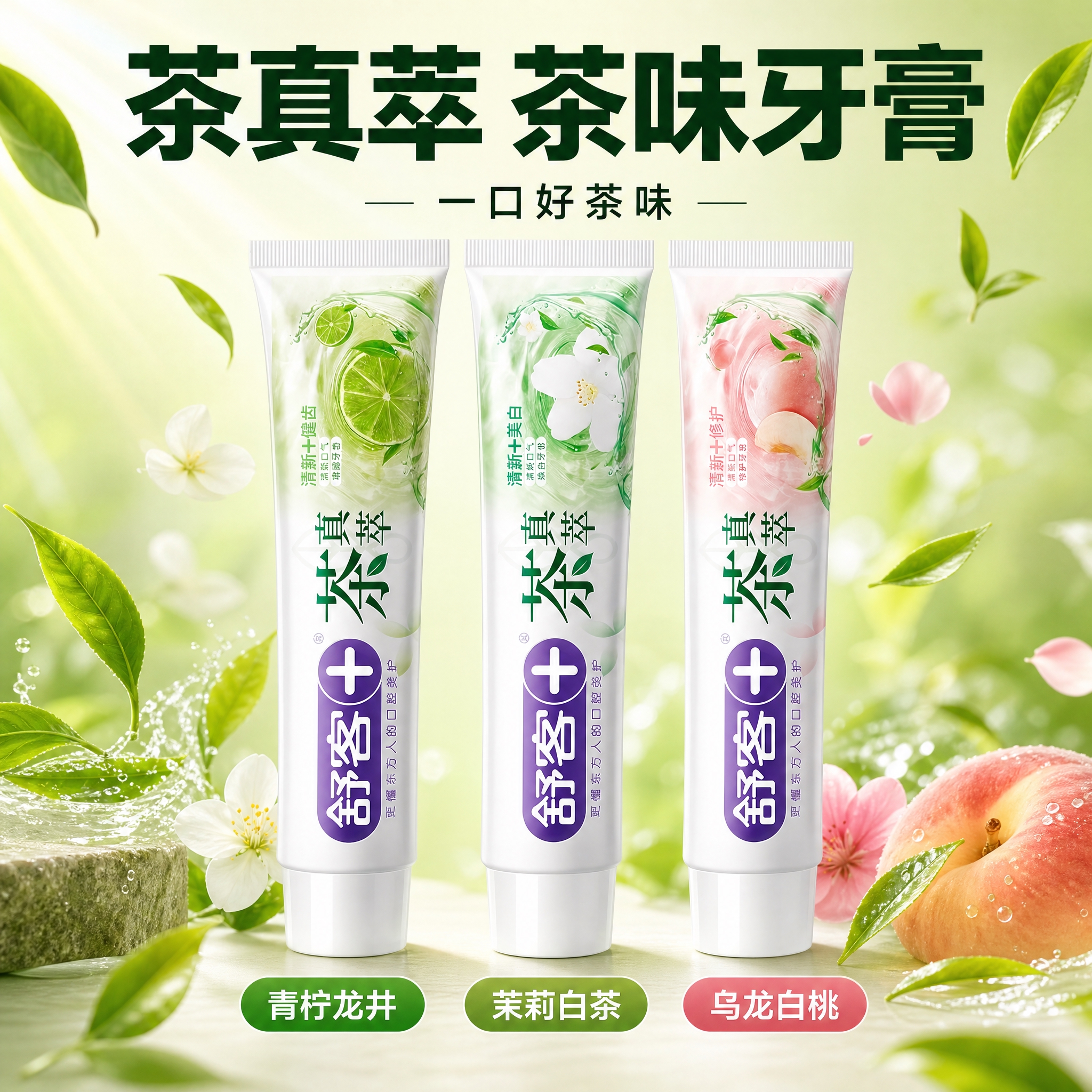 [主图-1] 茶真萃牙膏抖音首图，三支口味并排展示，强视觉冲击… - 图片创意预览