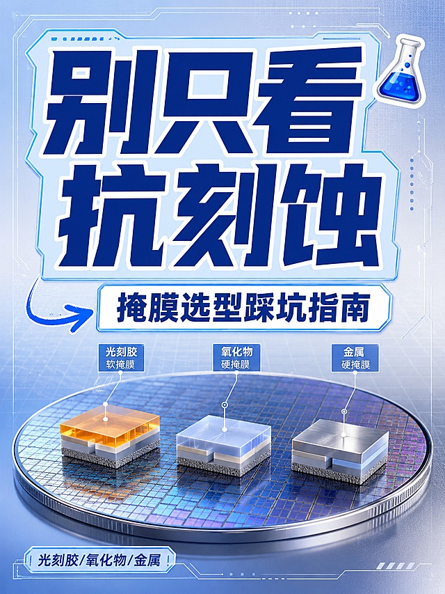 小红书笔记大字封面，插图大字，工业半导体科技写实风，版式精美，小红书笔记封面质感，适合信息流点击。主标题必须完整呈现且为画面视觉中心，逐字锁定：「别只看抗刻蚀」。主标题字号占画面约55%视觉权重，清晰可读，不得增删改字。副标题：「掩膜选型踩坑指南」。装饰短句角标：「光刻胶/氧化物/金属」。背景：浅蓝到银灰渐变的科技感工业底色，带有细微的晶圆网格纹理，干净高级。标题排版：扁平超粗黑体，深蓝色主标题配白色粗描边与浅蓝底框，关键词醒目；采用插图大字L01极简插画+大字策略。配图与插画层：画面中部偏下有一枚3D写实风格的半导体晶圆示意图，上面分布三种掩膜结构的微缩截面示意（光刻胶软掩膜、氧化物硬掩膜、金属硬掩膜），用细线和小标签区分，插画不抢主标题；整体为工业半导体3D科普可视化、科技写实三维渲染质感。装饰：右上角1个实验室烧杯emoji小贴纸；左下角1个手绘蓝色弯曲箭头指向副标题；另加细科技线框与角标点缀，位置克制。整体氛围：半导体微纳加工科普、专业严谨又吸睛、B端科研人干货感。画质：高清细腻，信息层级清晰，主标题与背景强对比，文字完整处于安全区内不可裁切，四周留安全边距。画面比例3:4，4K。