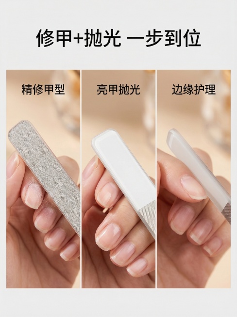 统一背景颜色 要突出产品色   提出产品卖点和特点 生成一套商用详情 数量8张 要符合国内电商主图要求 要有文案设计排版 整体光效光影突出产品反提示词： 产品是指甲锉预览效果