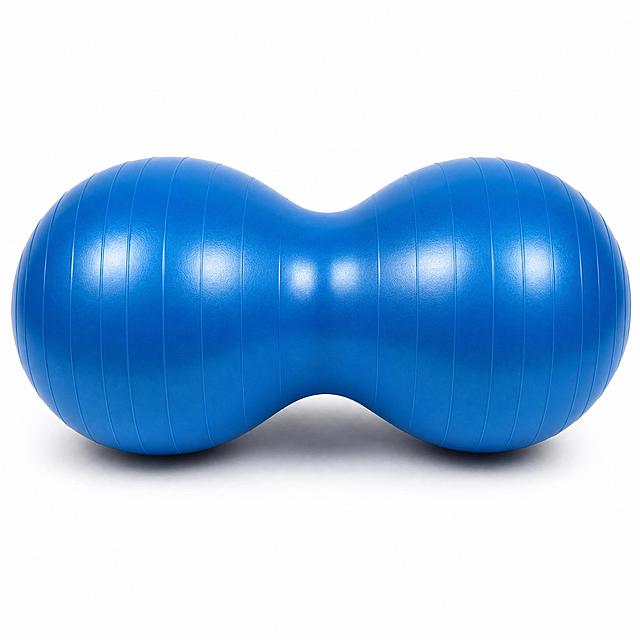 Pure white background Amazon product image. Blue peanut-shaped dog fitness ball, viewed from the side profile angle (90 degrees), showing the full length of the peanut shape with two equal rounded ends and the narrow waist in the middle. Ball surface has evenly spaced horizontal anti-slip rings running around the circumference, vibrant glossy blue color. Soft natural contact shadow beneath the ball. Pure white background RGB 255,255,255. No text, no logo, no watermark. Commercial studio photography quality, even lighting from both sides, clear texture details, symmetrical side view.