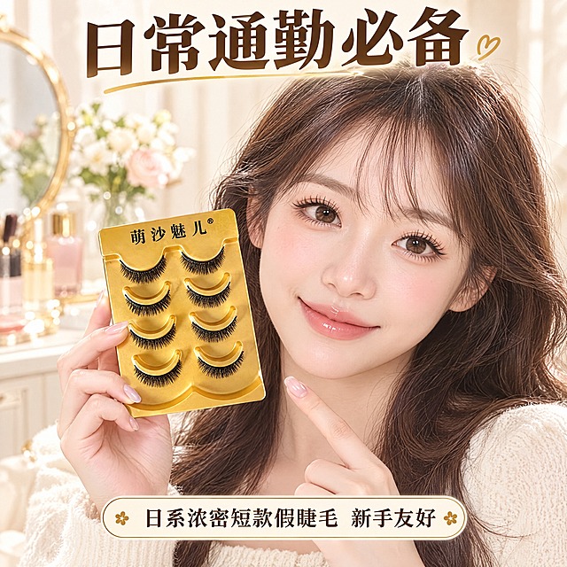 淘宝天猫电商主图，1:1正方形，日系妆容风格，画面含人物、产品、文字。日系甜美模特手持假睫毛产品托盘，佩戴同款整体式浓密短款假睫毛，眼角眼尾较短，浓密自然。顶部大字"日常通勤必备"，底部小字"日系浓密短款假睫毛 新手友好"，不要睫毛细节放大图、使用说明图、价格图，温柔生活化美妆场景