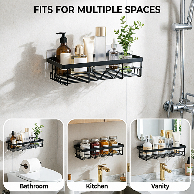 [Main Image 4] Multi-scenario adaption display.
[Atmosphere style] Life scene matching display, highlighting product practicability, conform to European and American market aesthetic;
[Atmosphere style] 1 + 3 grid layout, main picture highlights the main bathroom scene, three small pictures show different application scenarios.
[Image quality] Consistent commercial photography texture, natural light, clear picture in each grid, keep product appearance consistent with original image.
[Elements] The large picture on the top shows the product used in the shower area, the three small grids on the bottom are: the first grid is used next to the toilet to store toilet paper and toiletries; the second grid is used in the kitchen to store seasonings; the third grid is installed next to the mirror to store skin care products. The product in each scene is consistent with the original image in shape and color.
[Light and shadow] Each scene uses natural soft light, the light is consistent, the picture is transparent and not gray.
[Color matching] Each scene is mainly based on the light color of home improvement, the product is matte black, which contrasts with the light background, and each small grid has a rounded white corner frame, which is clearly layered.
[Text layout] Top main title FITS FOR MULTIPLE SPACES, each small grid is labeled with the scene name: Bathroom, Toilet Area, Kitchen, Vanity. Text is clear, moderate size, does not block the product.
[Proportional resolution] 1:1 ratio, 2048*2048 resolution, super high definition.
[Negative prompt] Product deformation, inconsistent light, text disorder, clutter, watermark, Chinese characters, exaggerated words, e-commerce platform logo.