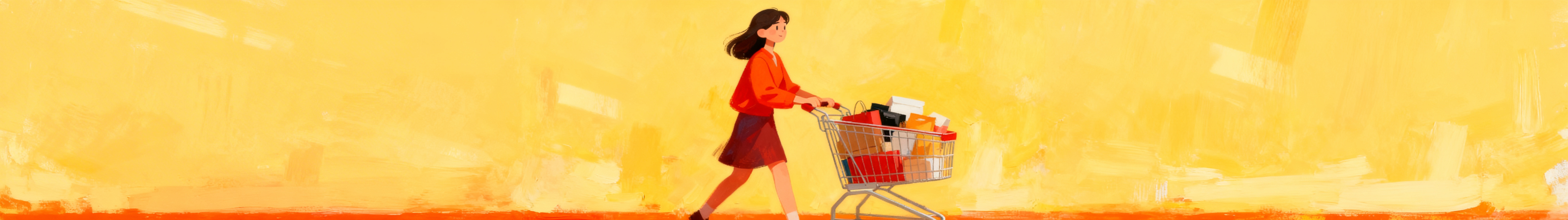 和参考图片同种类型，卡通插画偏油画风格，双十二主题，一个女人推着装满购物商品的购物小车，无文字，简洁干净，暖黄橙色调，保持相同画风预览效果