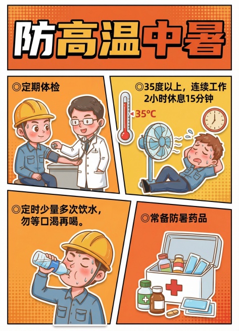 参考这个风格把“防高温中暑
◎定期体检
◎35度以上，连续工作
  2小时休息15分钟
◎定时少量多次饮水，
  勿等口渴再喝。
◎常备防暑药品”主色调用浅橙色预览效果