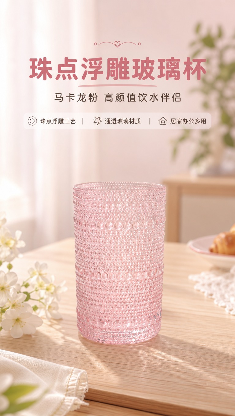 [商品] 使用【图1】粉色珠点浮雕直身玻璃杯；保留杯身珠点浮雕… - 图片创意预览