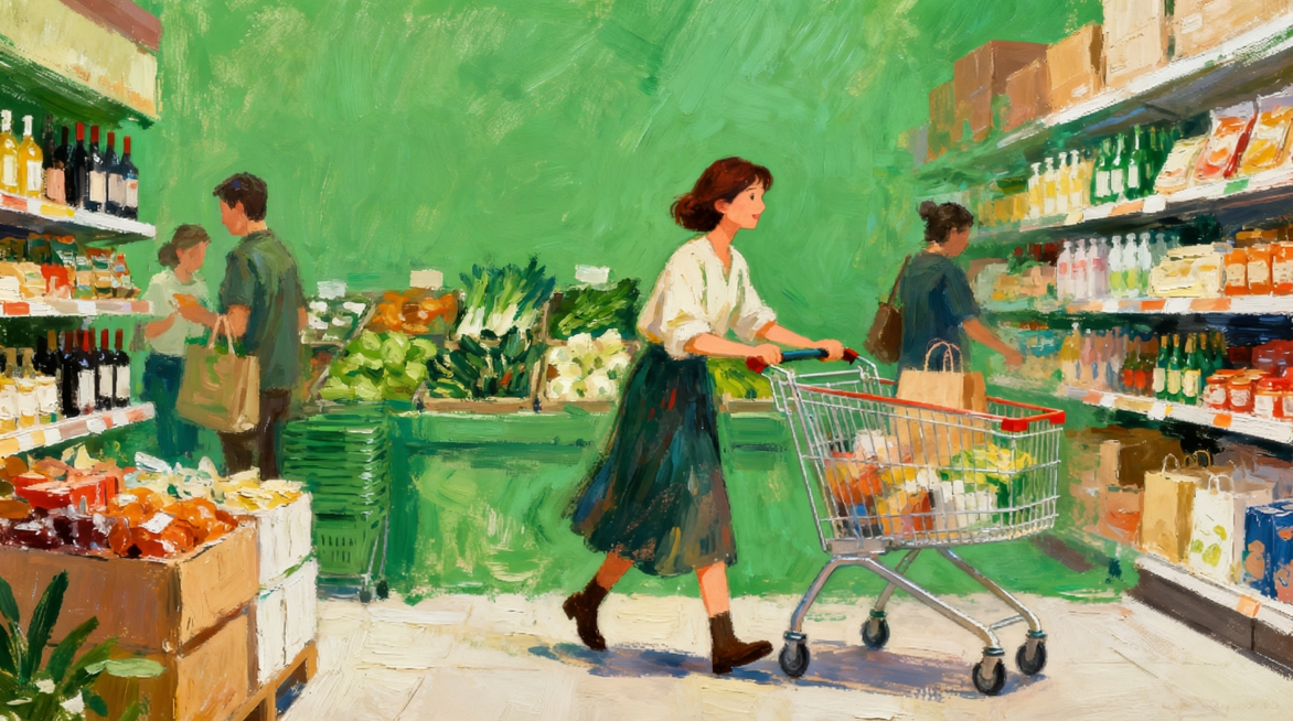 插画油画风格，手绘质感，双十二主题，一个女人推着购物小车的banner背景，整体色调以绿色为主，购物氛围浓厚，移除图片中的所有文字预览效果