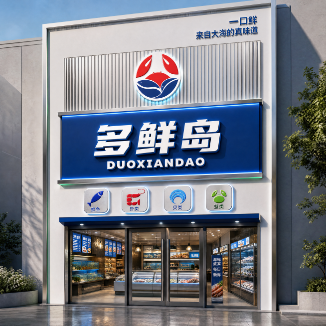 多鲜岛海鲜门店外立面，严格参照上传图1（蓝白风格）的建筑结构、招牌位置、门头格栅、橱窗布局与品牌文字（“多鲜岛 DUOXIANDAO”、“一口鲜 来自大海的真味道”），不改变原有建筑风格。
参考图2（预览效果