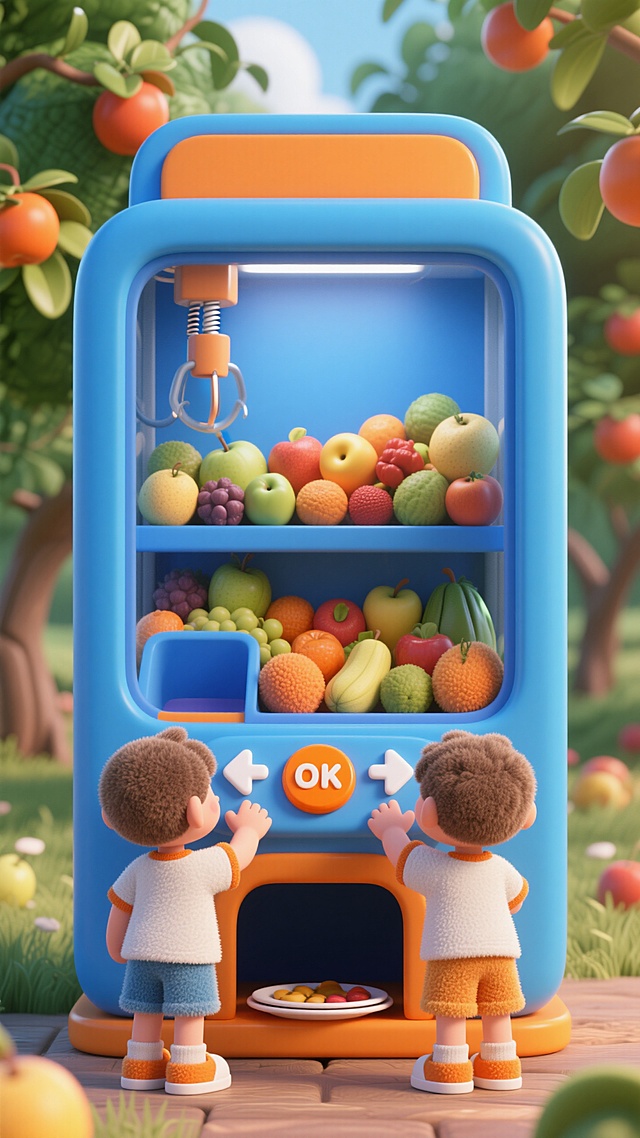 场景为果园，主体是蓝色的长方形巨大抓娃娃机正视图，内部有很多水果，操作区域两个有白色方向键和一个橙色 “OK” 键，娃娃机出口有一个盘子，抓娃娃机旁边有两个卡通小孩看着里面的水果。