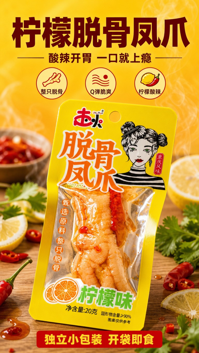 [商品] 使用【图1】走火柠檬味脱骨凤爪黄色独立包装袋；保留包… - 图片创意预览