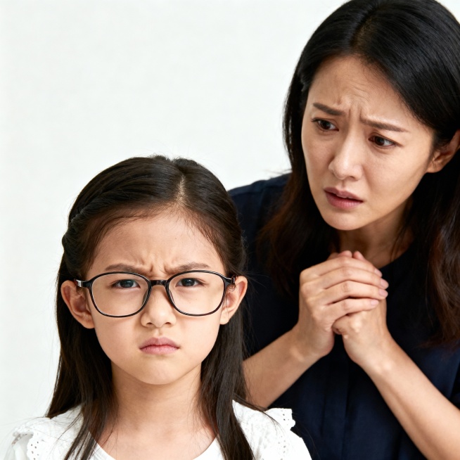 生成一张小女孩近视，妈妈在旁边很焦虑的场景，要求画面简洁，无杂物，比例1:1,8K画质预览效果