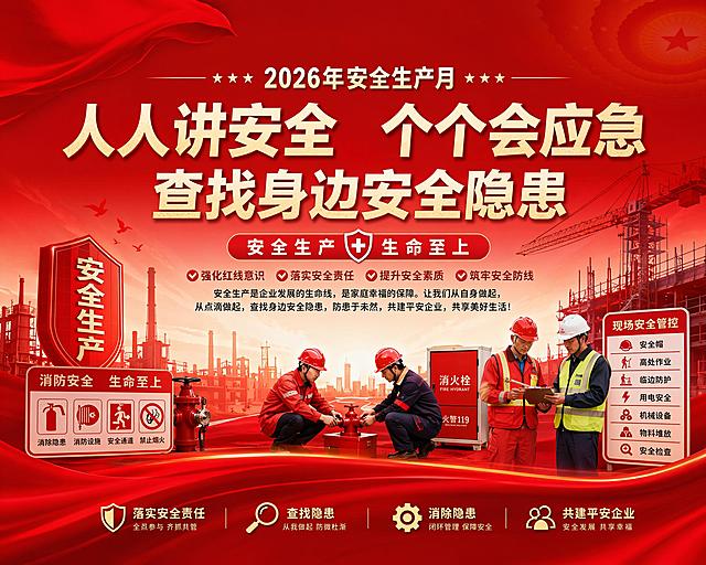 红色主调，融合3D立体元素与金属质感，展现现代工业场景，突出安全生产主题，科技感与视觉冲击力兼具，传递安全至上的理念。