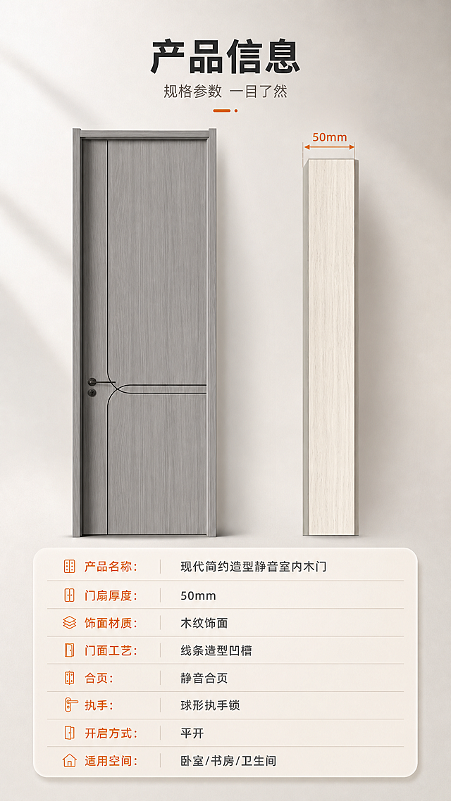 [商品] 使用【图35】正面门体与【图26】门扇侧边图组合为产品信息页；保留灰木纹饰面、不对称装饰凹槽线条、门套线条、黑色球形执手与锁孔全部原貌；侧边图带“50mm”尺寸引线。
[画面] 目标以参数表收口；上部左侧门体正视图、右侧门扇侧边图，中部下方浅暖白圆角参数表卡片，产品占画面55%，背景暖白浅灰渐变，排版方正专业；不得添加未提供的参数与数值。
[视觉] 套系策略：风格=现代高端家居商业摄影；标题字=现代无衬线粗体；正文字=简洁现代无衬线体；主色=灰木色；背景延展=暖白至浅暖灰细腻渐变、哑光墙面质感；强调色=暖橙色，仅用于小面积图标、引线、标签和局部光效；标题色=深炭黑；正文色=中暖灰；组件=圆角浅色信息卡、细线引线、圆角小图标；光影=右前侧暖柔光、室内自然光。尺寸引线与表格标题用暖橙强调。
[文字] 主标题“产品信息”，副标题“规格参数 一目了然”，参数表行：“产品名称：现代简约造型静音室内木门”“门扇厚度：50mm”“饰面材质：木纹饰面”“门面工艺：线条造型凹槽”“合页：静音合页”“执手：球形执手锁”“开启方式：平开”“适用空间：卧室/书房/卫生间”，全部横向，不遮挡门体。
[规格] 9:16竖版，4K画质，避免未提供参数、参数错字、门体变形、凹槽线条消失、竖排文字、冷蓝背景、电商平台Logo/水印、绝对化用语。