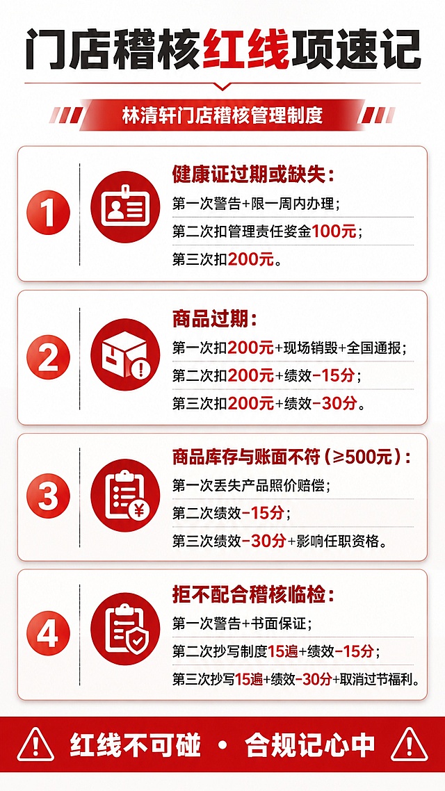 一张竖版9:16的门店稽核红线项速记海报，商务正式风格，清晰易读。顶部大标题写着"门店稽核红线项速记"，副标题"林清轩门店稽核管理制度"。主体部分分为4个编号卡片，从上到下依次排列，每个卡片左侧有红色圆形序号标识（①②③④），右侧为违规项名称和处罚标准。卡片内容如下：①健康证过期或缺失：第一次警告+限一周内办理；第二次扣管理责任奖金100元；第三次扣200元。②商品过期：第一次扣200元+现场销毁+全国通报；第二次扣200元+绩效-15分；第三次扣200元+绩效-30分。③商品库存与账面不符（≥500元）：第一次丢失产品照价赔偿；第二次绩效-15分；第三次绩效-30分+影响任职资格。④拒不配合稽核临检：第一次警告+书面保证；第二次抄写制度15遍+绩效-15分；第三次抄写15遍+绩效-30分+取消过节福利。底部有红色警示条，写着"红线不可碰 · 合规记心中"。整体配色以白色为底，红色为主色调强调红线，灰色辅助文字，信息分区清晰，排版精美，高对比度文字，低装饰高可读性。画面中所有数字必须精确渲染，不得错位、遗漏或编造。画面中所有信息区域必须填充完整合理的内容，不得出现空白框。