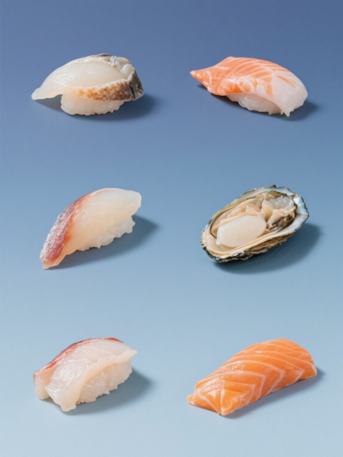 6个不同的新鲜海鲜食材，每个食材单独置于纯色背景上，保持高清晰摄影风格，光线明亮柔和，突出食材的自然质感与细节，整体色彩变换为6种不同的纯色背景，所有元素规整排布形成系列素材集合，无文字、LOGO及二维码预览效果
