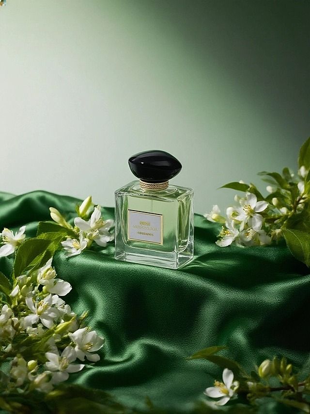 产品放置在绿色有质感的绸布上，瓶身周围环绕茉莉花，搭配绿色布料等物件，背景为浅绿到白色渐变，画面暗色调，主体逆光
