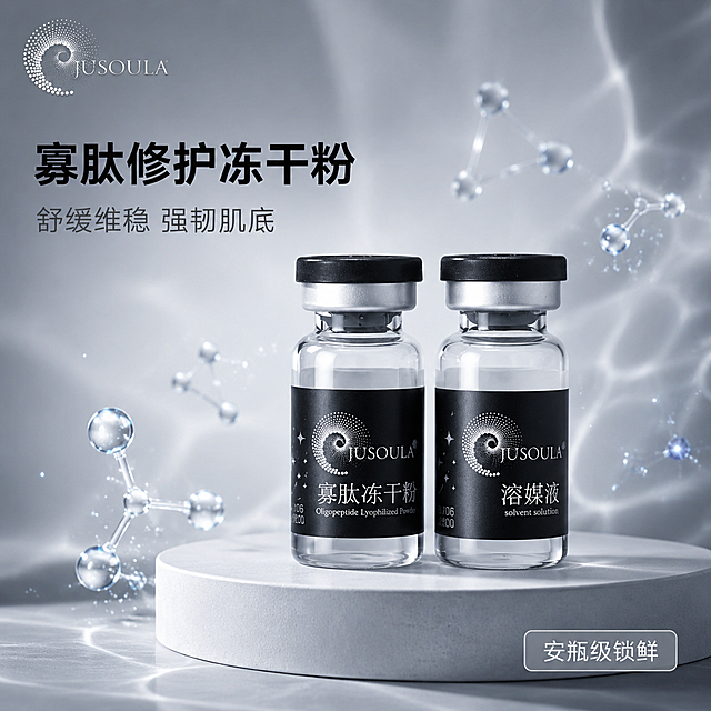 [主图-1] 寡肽修护冻干粉首图 极简科技静物
[氛围风格] 医美级极简高级感 冷调轻奢科技风 纯净专业
[画质] 商业摄影质感 光线柔和通透 产品清晰真实 画面干净高级 超写实渲染
[元素] 画面中央并排放置两瓶产品（寡肽冻干粉+溶媒液），黑色瓶盖银色铝圈透明玻璃瓶身黑色标签完整保留，保持产品外观物理结构材质质感颜色与输入产品图完全一致，杜绝任何变形和色差，精细化处理。产品放置在浅灰色哑光圆形石膏静物台上，瓶身周围悬浮少量透明3D分子球结构和细碎星光粒子，背景为深灰到浅灰的渐变流体背景，带有微弱水波纹折射光影。左上角放置从产品提取的JUSOULA品牌Logo，保持原字形和配色。商品主体占比约70%，画面满屏无边框。
[光影] 左侧45度主柔光箱打光，瓶身玻璃形成细长高光条，右侧弱补光提亮暗部，底部静物台有柔和接触阴影，整体光比舒适通透，暗部有层次无死黑
[配色] 主色深灰黑 辅色银白冷灰 点缀淡蓝分子光
[视角构图] 平视微俯视角 产品居中 景深中等 背景虚化突出主体
[文字版式] 左上品牌Logo下方左对齐主文案 大字"寡肽修护冻干粉" 黑色粗体无衬线最大号；其下辅助短句"舒缓维稳 强韧肌底" 字号约一半 深灰色细体。右下角小标签"安瓶级锁鲜" 银灰底白字圆角矩形
[输出要求] 1:1比例 文字清晰锐利 超高清商业摄影质感
[负向提示词] 变形 文字错乱 产品图模糊 背景杂乱 水印 电商平台Logo 多余手指 手部扭曲