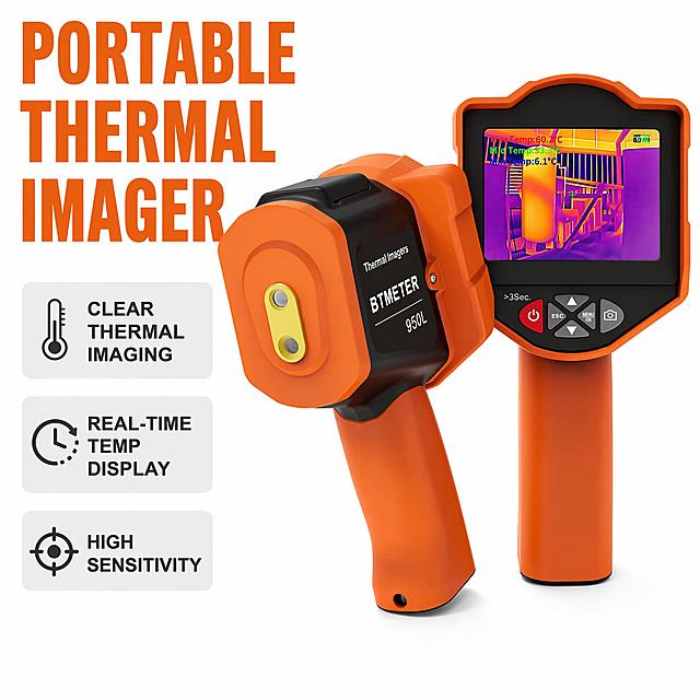[单张主图] BTMETER 950L Handheld Thermal Imager,爆款促销感主图，目标是清晰展示商品和核心卖点。
[画面主体] 产品放置在画面右侧，整体占比约60%，保持产品外观物理结构材质质感颜色与输入图绝对一致，杜绝任何变形色差，精细化处理产品和屏幕显示内容。保留产品本身的品牌文字和型号信息。
[构图版式] 本次采用左文右品标签参数型版式，左侧为文字信息区，产品居右。
[场景元素] 纯白色背景，无多余道具和装饰，整体画面干净简洁符合亚马逊跨境平台规范。
[文案版式] 左侧安全边距左对齐排版，顶部大字号粗体英文写"PORTABLE THERMAL IMAGER"，下方三个卖点标签依次写"CLEAR THERMAL IMAGING", "REAL-TIME TEMP DISPLAY", "HIGH SENSITIVITY"，文字字号大、清晰可读，不遮挡产品主体，所有文字使用英文，字体粗黑无衬线，大标题字号最大，卖点文字字号缩小但仍比常规字号大，配色对比清晰。
[光影质感] 主光正面柔光均匀打亮产品，勾勒产品轮廓，边缘保留自然高光，无多余杂乱阴影，背景纯白无杂质，产品清晰锐利，商业摄影质感，通透干净。
[配色字体] 背景纯白色，标题文字深橙色提取产品主体颜色，卖点标签为浅灰色背景深灰色文字，整体配色简洁专业对比清晰。字体使用粗黑无衬线字体，字号对比明确，主标题远大于卖点文字。
[比例分辨率] 1:1比例，2048x2048像素，分辨率2K，文字清晰可辨。
[负向提示词] 变形，文字错乱，产品图模糊，背景杂乱，水印，电商平台Logo，中文，遮挡主体，色差，结构错误
