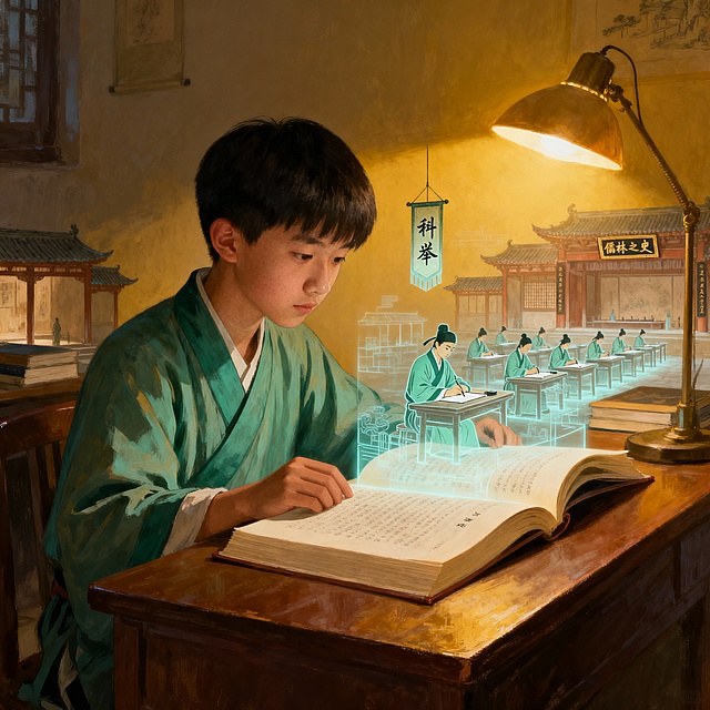 现代九年级学生在台灯下专注阅读《儒林外史》，书页浮现出古代科举场景的虚影，风格是写实插画，比例是4:3