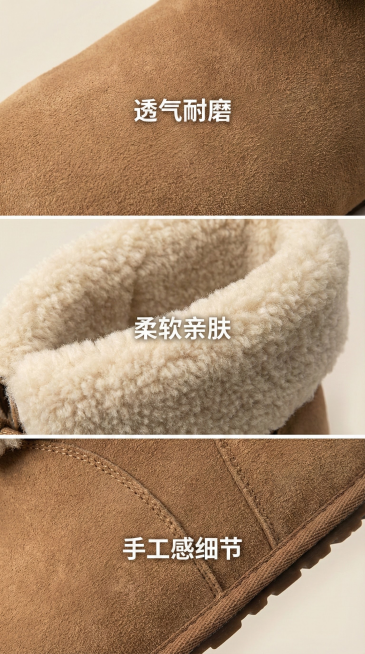 分图1：牛反绒纹理微距（标注“透气耐磨”）

分图2：羊羔绒内里特写（标注“柔软亲肤”）

分图3：缝线/包边细节（标注“手工感细节”）预览效果