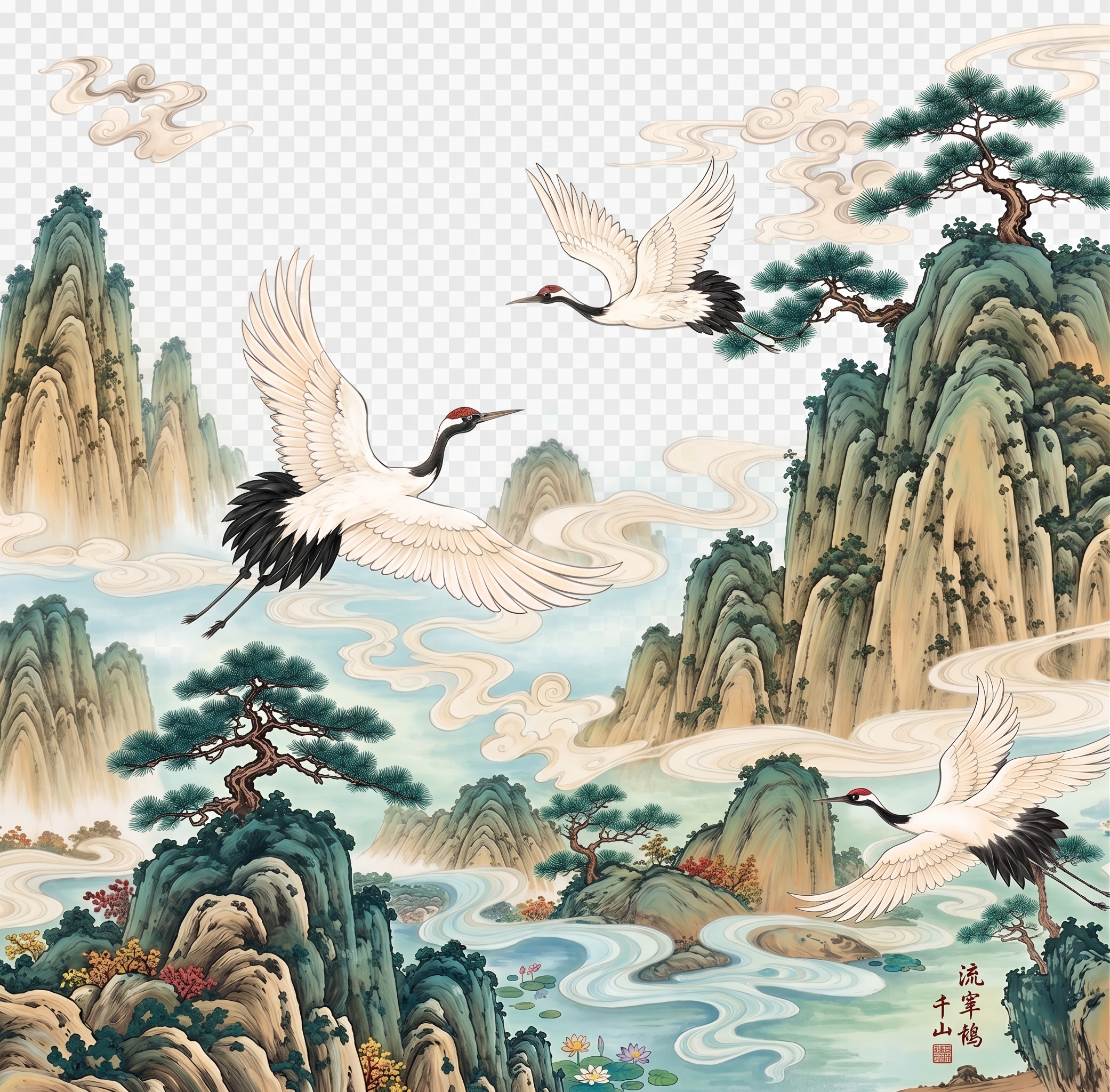 模仿上传的图片颜色风格，给山，松树，仙鹤填充颜色 - 图片创意预览