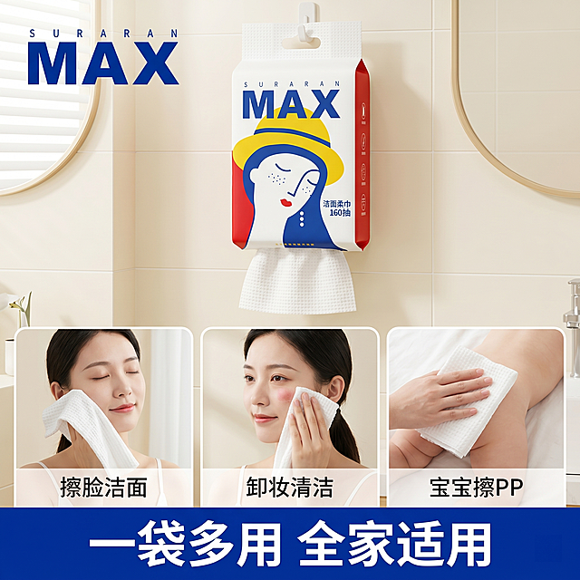 [主图-4] 多场景适用展示，突出实用性
[氛围风格] 真实生活感，温馨居家氛围
[画质] 商业摄影质感、光线柔和通透、产品清晰真实、画面干净高级
[元素] 洁面柔巾悬挂放置在卫浴墙面，下方画中画分三个小方块分别展示：擦脸洁面、卸妆清洁、宝宝擦PP三个使用场景，每个场景自然真实。保持产品外观与输入产品图绝对一致，杜绝任何变形和色差，精细化处理。整体构图饱满不拥挤，主产品突出，场景展示清晰
[光影] 主产品区域明亮自然光，场景画中画区域光影统一和主图保持一致，整体通透自然
[配色] 干净浅卫浴背景，保留产品原有鲜明色彩，场景自然真实配色，整体温馨协调
[视角构图] 主产品居上，场景宫格居下，满屏无边框构图，布局清晰
[文字版式] 底部大字主文案"一袋多用 全家适用"蓝色粗体，三个场景小图分别标注对应名称小字。左上角保留原品牌SURARAN MAX
[比例分辨率] 1:1比例，2K分辨率；文字清晰可辨，超高清
[负向提示词] 变形，水印，文字错乱，产品图模糊，背景杂乱，光影不一致