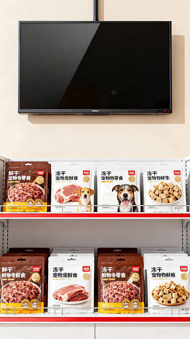 一张宠物零食展示海报，采用正对角度，画面中有两层货架，第一层货架摆放着宠物鲜食，第二层货架摆放着宠物冻干，货架上方镶嵌一个电视机，整体风格干净清晰，突出产品展示