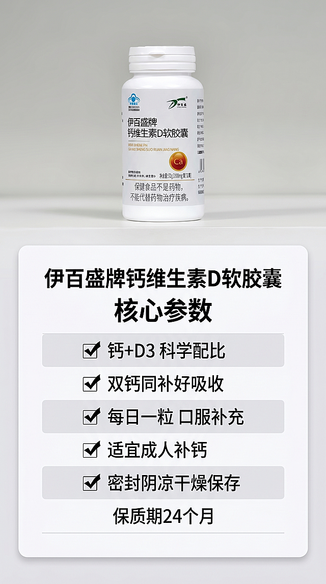 [主图7] 伊百盛钙维生素D软胶囊产品参数卡展示。网红爆款营销风格。保持产品瓶身外观和原图完全一致，产品放在画面上方，下方卡片式排版核心产品参数，项目简洁提炼。浅色干净背景，商业摄影质感，光线均匀柔和。文字排版分块清晰，项目加粗，内容常规，不遮挡产品主体。核心文字内容：
伊百盛牌钙维生素D软胶囊
核心参数
✅ 钙+D3 科学配比
✅ 双钙同补好吸收
✅ 每日一粒 口服补充
✅ 适宜成人补钙
✅ 密封阴凉干燥保存
保质期24个月

9:16比例，2k分辨率，超高清，文字清晰。负向提示词：变形，水印，文字错乱，产品模糊，背景杂乱，违规内容，夸大宣传。