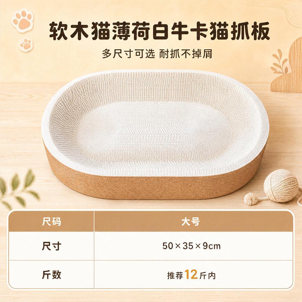 参考图中的软木猫薄荷白牛卡猫抓板产品图，保持产品外观、暖黄色背… - 图片创意预览