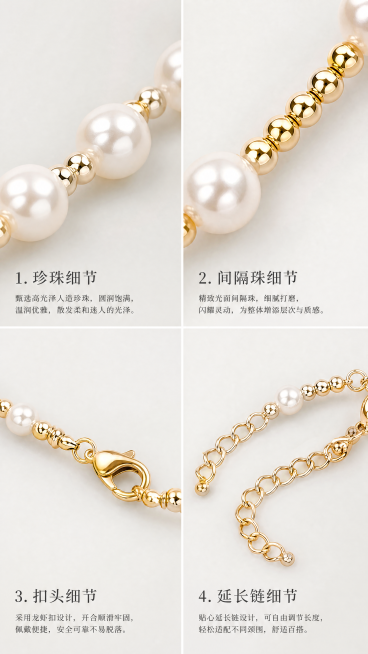 [第4屏] 细节工艺页-xxx锁骨珍珠项链，2*2宫格用图1展示：珍珠、隔珠、扣头、延长链四个微距细节，每个细节配文字说明，浅灰背景，清晰展示质感，9:16竖版，4K，文字清晰，负向提示：细节糊,材质预览效果