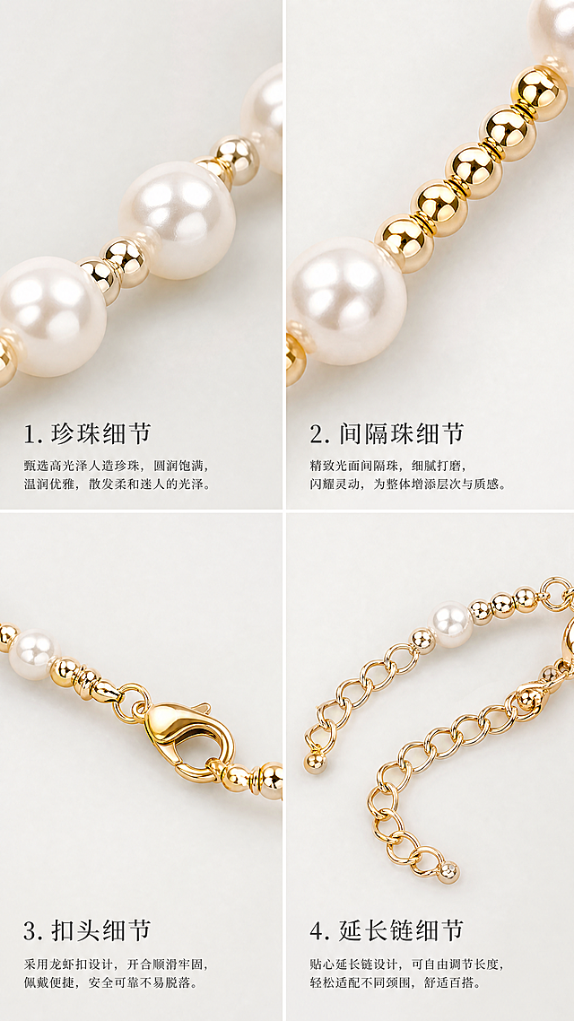 [第4屏] 细节工艺页-xxx锁骨珍珠项链，2*2宫格用图1展示：珍珠、隔珠、扣头、延长链四个微距细节，每个细节配文字说明，浅灰背景，清晰展示质感，9:16竖版，4K，文字清晰，负向提示：细节糊,材质失真,结构错。