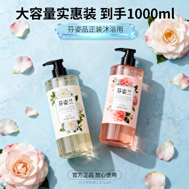 基于「图片1」，生成一套商品详情图，商品为沐浴露，商品核心卖点是清新花香 光滑嫩肤，氛围/风格是清新自然 花香 高级，适配抖音平台，主图比例为1:1「图片1」「图片1」预览效果