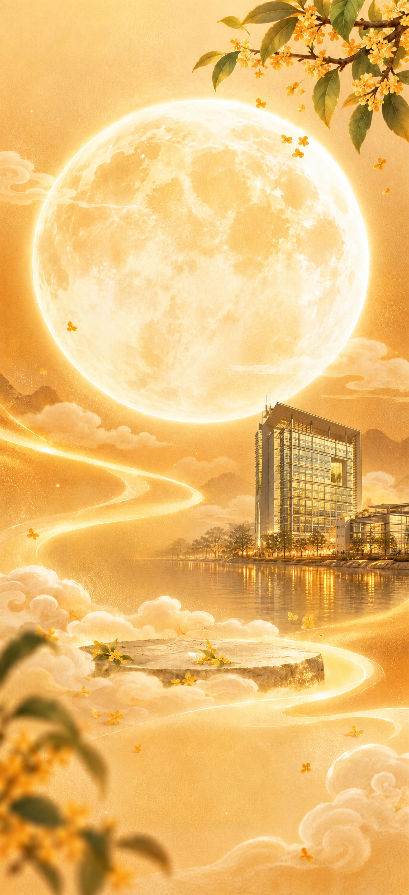 将画面右下角的中式古楼阁替换为图二中的现代玻璃幕墙办公楼建筑，… - 图片创意预览