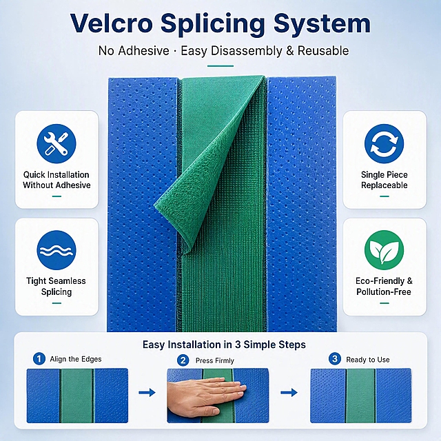 [第2张] 亚马逊跨境详情页 - Velcro Splicing Structure 魔术贴拼接结构解析页。本张使用【图1】作为商品主体，重点展示中间魔术贴拼接带结构细节。
[氛围/风格] 跨境极简工业风，结构解析感，真实客观，商业摄影质感，突出拼接工艺与安装便捷性。
[元素布局] 产品拼接缝区域放大置于画面中央，占比约55%-60%，清晰展示蓝色底层+绿色魔术贴拼接带+蓝色底层的拼接结构；左右两侧分布卖点图标卡；背景为浅蓝灰渐变，底部加安装步骤简化示意；产品颜色、材质、结构与输入图一致。
[光影质感] 正面均匀柔光，拼接缝处加侧光突出层次与咬合结构，阴影自然柔和。
[配色色系] 全局底色 #EAF1F7 浅蓝灰渐变；主色 #0A66C2 蓝 + #0EA57A 绿；辅助色白色卡片 + 深灰文字。
[视角构图] 正面平视居中，左右分栏信息布局，阅读动线顶部标题 → 中间产品 → 两侧卖点。
[文字版式] 全英文文案。顶部居中主标题「Velcro Splicing System」，副标题「No Adhesive · Easy Disassembly & Reusable」。左右两侧四个信息卡：左上「Quick Installation Without Adhesive」配安装图标，左下「Tight Seamless Splicing」配无缝图标，右上「Single Piece Replaceable」配替换图标，右下「Eco-Friendly & Pollution-Free」配绿叶图标。无衬线字体，信息卡白底圆角。
[比例分辨率] 1:1 方图比例，4K 分辨率，文字清晰可辨，高清画质。
[负向提示词] 产品变形，结构错误，颜色偏差，中文字符，水印，文字错乱，文字过小，背景杂乱。