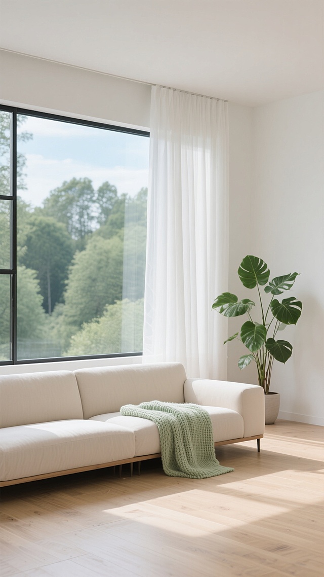 清新自然的客厅场景，融合简约主义与轻拟物风，柔和光影洒落木质地板，3D质感呈现舒适实景感，绿植与米白沙发交织出宁静氛围。
