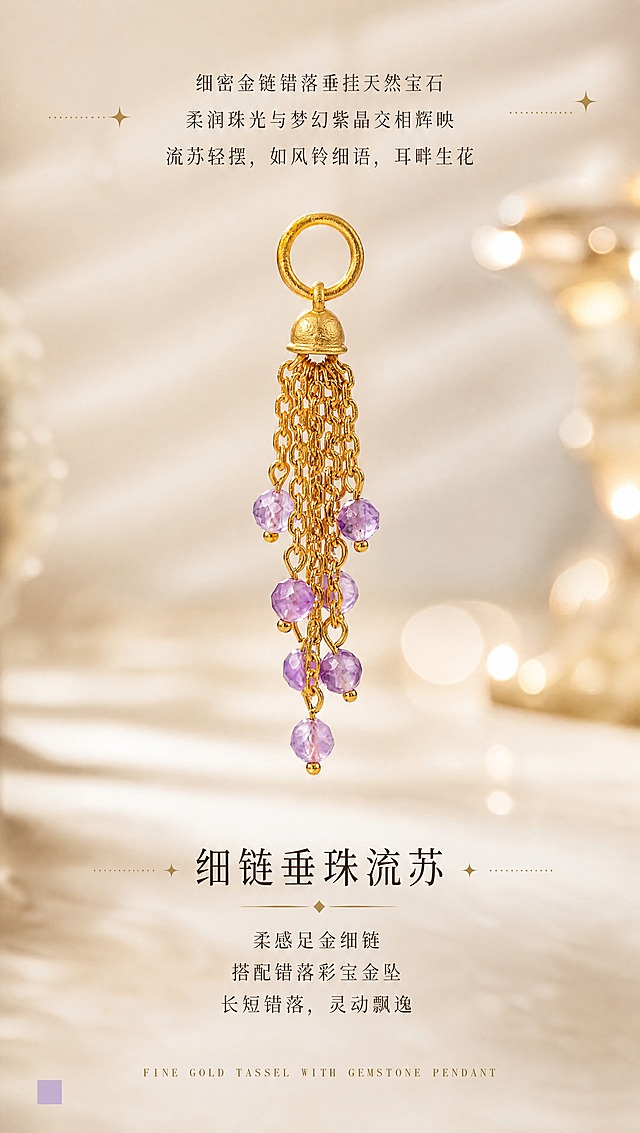 [商品] 使用【图2】紫水晶流苏单款特写；保留流苏完整结构、吊环、钟形帽、金链肌理、紫水晶切面形状与颜色、古法金哑光质感；产品100%还原原始造型、尺寸比例、孔径、厚度，禁止变形改结构。
[画面] 页面目标：单品分述三，细链垂珠工艺特写。构图：上下三段式，顶部文案15%+中部产品大图60%+底部卖点文案25%。主体位置：产品居中放大，完整展示流苏垂挂形态，金链错落层次与紫水晶切面细节清晰可见。主体占比：约60%。阅读动线：从上到下，先读诗意描述，再看产品细节，最后读卖点。前中后景：前景流苏清晰锐利，后景高度虚化+光斑散景。
[视觉] 套系策略：风格=东方雅致高级珠宝摄影风，温润米杏暖调；标题字=设计感宋体（笔画粗细对比+星光装饰）；正文字=细宋体；主色=米杏暖灰#F2EEE8；背景延展=米杏暖灰+百叶窗光影+多处柔焦光斑，背景虚化程度高突出前景；强调色=古法金暖金色#C9A456，仅用于星点装饰、引线、小色块；标题色=深棕#3A2F24；正文色=中棕#6B5A48；组件=星点星光、点状虚线、彩色小方块、全大写衬线英文；光影=侧逆光勾勒金链轮廓，每根链条肌理清晰，紫水晶切面有多处高光火彩，左上漫射主光。
[文字] 顶部居中3行诗意描述："细密金链错落垂挂天然宝石 / 柔润珠光与梦幻紫晶交相辉映 / 流苏轻摆，如风铃细语，耳畔生花"。底部居中子标题"细链垂珠流苏"（中号）+ 3行卖点："柔感足金细链 / 搭配错落彩宝金坠 / 长短错落，灵动飘逸"。最底部英文小字（全大写衬线体）+ 左下角紫色小方块装饰。全部文字横排，不遮挡流苏主体。
[规格] 宽850px，高1500px竖版，4K，负向提示：避免产品过小、四周大面积空白、平淡纯色背景、金属发白、宝石颜色变浅、文字遮挡产品。
