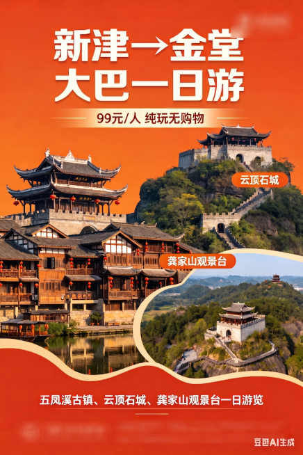 将海报顶部的标题'新津→金堂大巴一日游'调整到水平居中位置，保持海报其他所有内容、颜色、风格不变预览效果