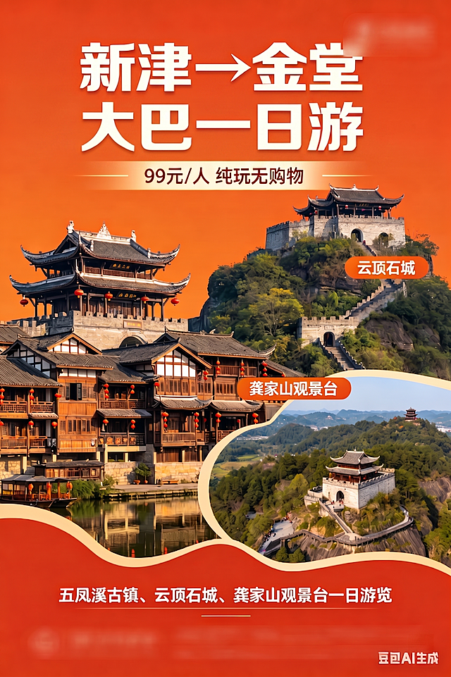 将海报顶部的标题'新津→金堂大巴一日游'调整到水平居中位置，保持海报其他所有内容、颜色、风格不变