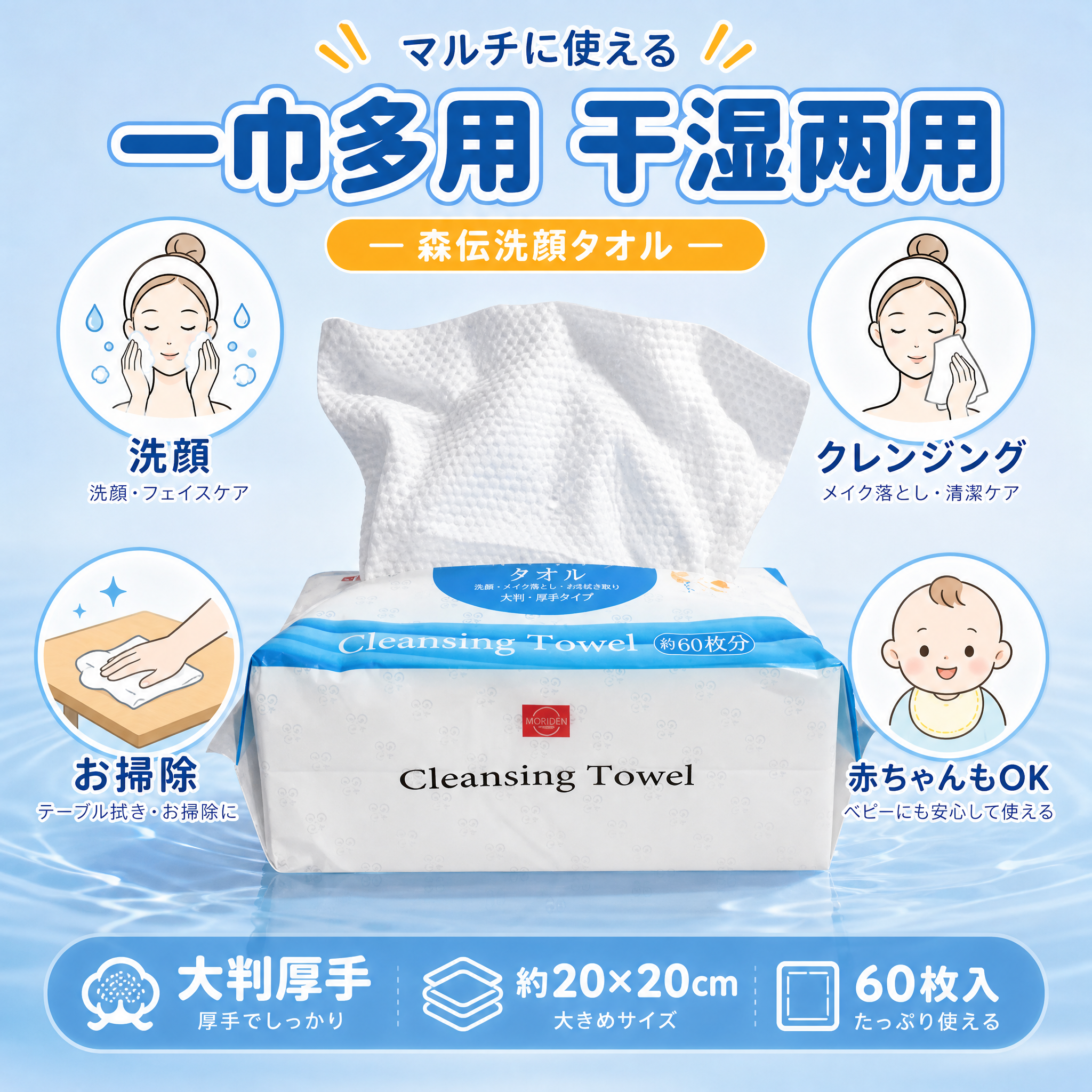 [主图-3] 材质细节与多用途。森伝洗脸巾材质与多用处展示主图… - 图片创意预览