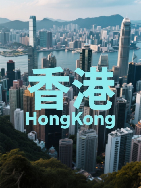 “香港”二字居中无背景颜色，副标题小字“HongKong”位于主标题之间，文字为冷色调，背景为香港城市照片预览效果