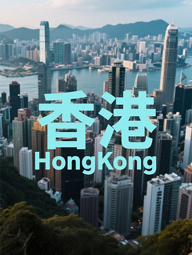 “香港”二字居中无背景颜色，副标题小字“HongKong”位于主标题之间，文字为冷色调，背景为香港城市照片