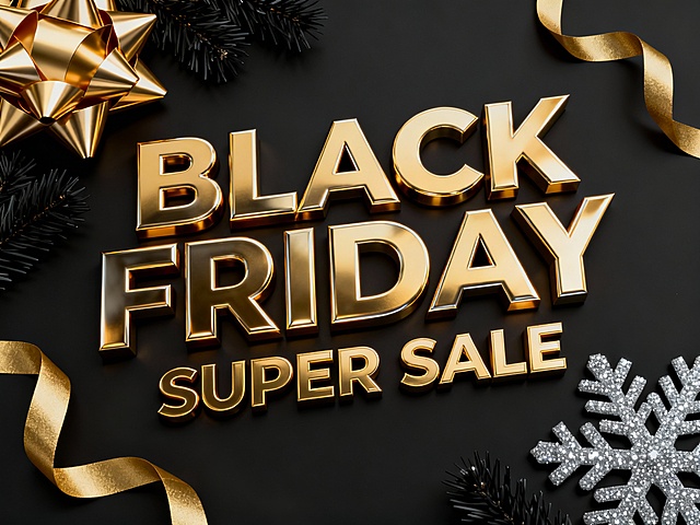 一张黑色背景的Black Friday促销海报，画面风格保持3D渲染质感，整体配色以黑色为基调，搭配金色和银色的装饰元素。中央是"BLACK FRIDAY"字样，采用3D立体设计，表面带有强烈的金色金属光泽，边缘清晰锐利，呈现出高级的反光效果；下方的"SUPER SALE"文字同样为3D立体样式，金色光泽感稍弱于主标题，与主标题形成视觉层级。左上角有一个金色的立体蝴蝶结，带有细腻的褶皱和金属反光，旁边点缀着黑色的松枝和金色的缎带。右下角有银色的立体雪花装饰，细节丰富，带有闪亮的颗粒质感。整体构图平衡，金色和银色元素在黑色背景上形成鲜明对比，营造出奢华、节日促销的氛围，视觉焦点突出，信息传达清晰高效。