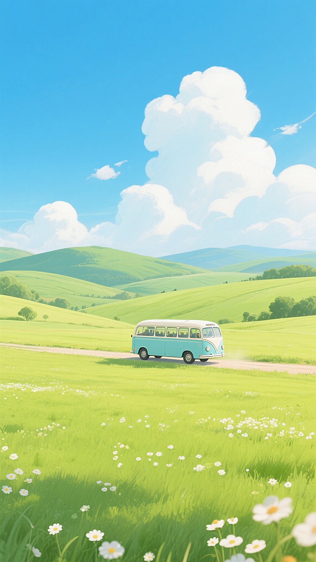一张充满旅行氛围的风景插画，画面中央是一辆复古风格的浅蓝色巴士行驶在广阔无垠的绿色田野上，田野间点缀着白色的小花，远处是连绵起伏的绿色丘陵，天空湛蓝，飘着几朵洁白的云朵，整体色调清新明快，光影柔和，营造出宁静、自由、向往远方的氛围，具有治愈系的视觉效果。