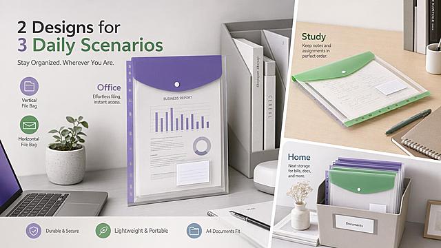 Soft blended Bento Grid layout, 3 uneven sized scene blocks including office desktop filing, student desk sorting, home file storage, vertical and horizontal file bag products used naturally in each scene, unified light gray background, soft shadow separation, gentle overlap between blocks, professional cool lighting, 3D product texture, overlay text "2 Designs for 3 Daily Scenarios", multi-scene semantic coverage, 60-30-10 color ratio, 16:9, avoid: blurry, distorted, plastic texture, CGI, cartoonish, 3D render, watermark, amateurish, overexposed, cluttered, inconsistent lighting, distorted product shape, equal-sized blocks, hard-edge grid, separate images stitched, no shared background, crowded text, chaotic, no visual hierarchy