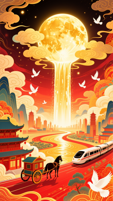 月光如金色的瀑布从圆月（占满画面2/3）上倾泻到底部的全景大地上（马车、动车分别行驶在古建筑和城市间），画面带有发光效果，白鸽飞过，整体画面充斥着华丽的金色和喜庆的红色，奇幻色彩和光影变化，具有丰富的预览效果