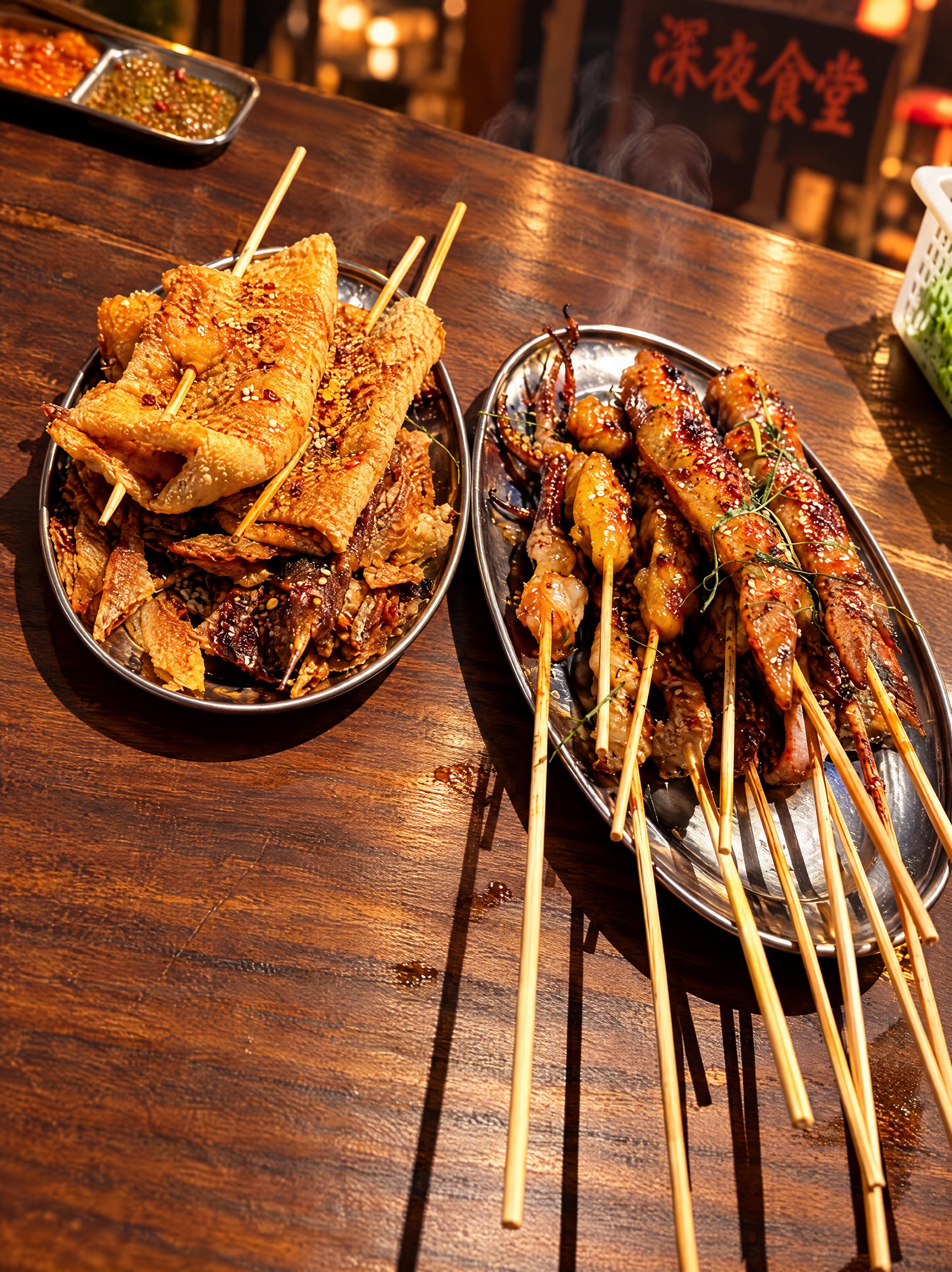 精修这盘炸串烧烤美食照片，提升画质和色彩，让烤串色泽油亮诱人，… - 图片创意预览