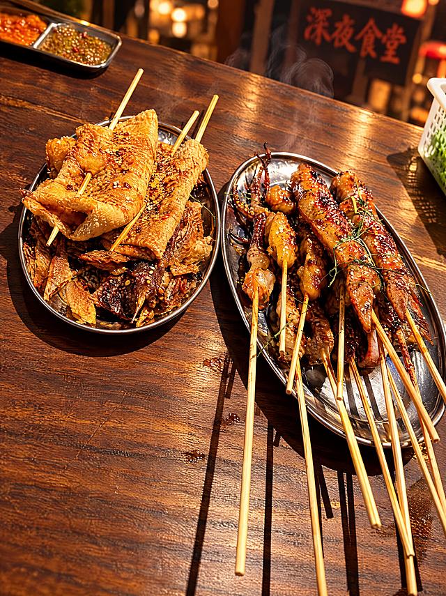 精修这盘炸串烧烤美食照片，提升画质和色彩，让烤串色泽油亮诱人，金黄酥脆有质感，整体色调温暖偏暖棕调，增加烟火气和食欲感，画面干净通透有深夜食堂的氛围感，适合朋友圈和小红书美食分享